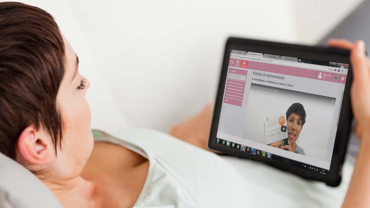 Portal de aulas do programa Estou com Câncer, e Agora? acessado de um tablet